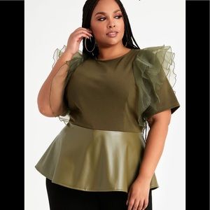 RUFFLE & FAUX LEATHER PEPLUM TOP NWT